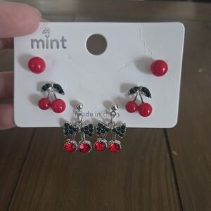 Mint Cherry Earrings Set - Red and Silver